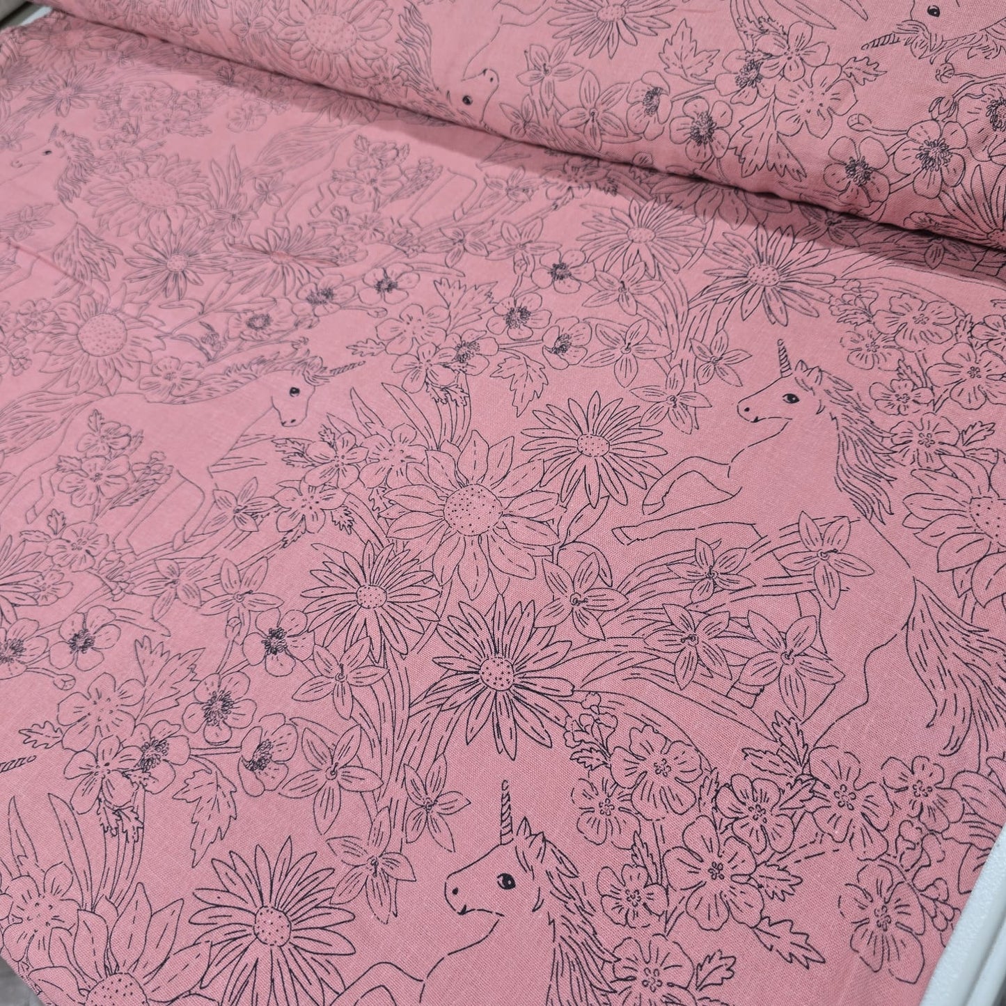 Premium 100% Cotton Double Gauze Fabric – Dusky Pink Floral Unicorn Line Art Print – 58" (147cm) Wide by the Metre