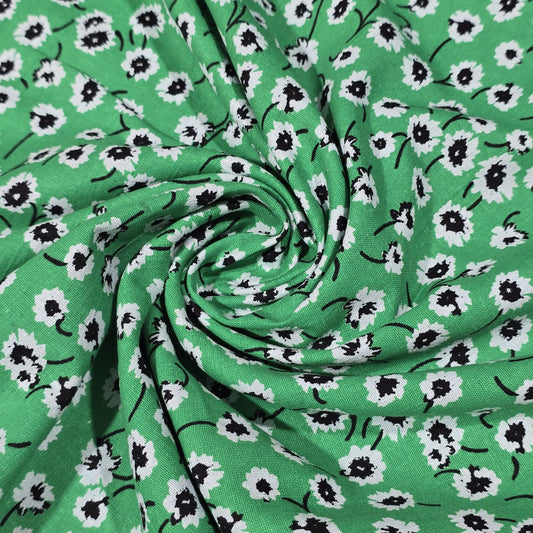 Premium Cotton Linen Blend Fabric – Emerald Green Ditsy Daisy Print – 58" (147cm) Wide by the Metre