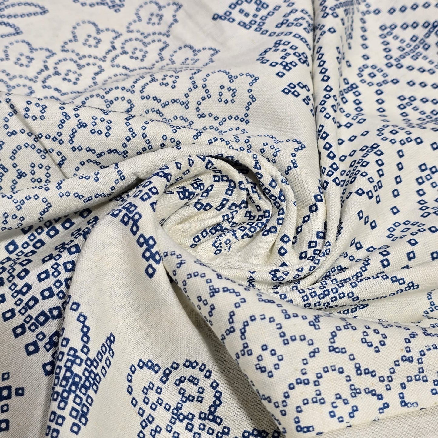 Premium Linen Flax Fabric – Off-White & Indigo Blue Bandhani Print – 44" (112cm) Wide by the Metre