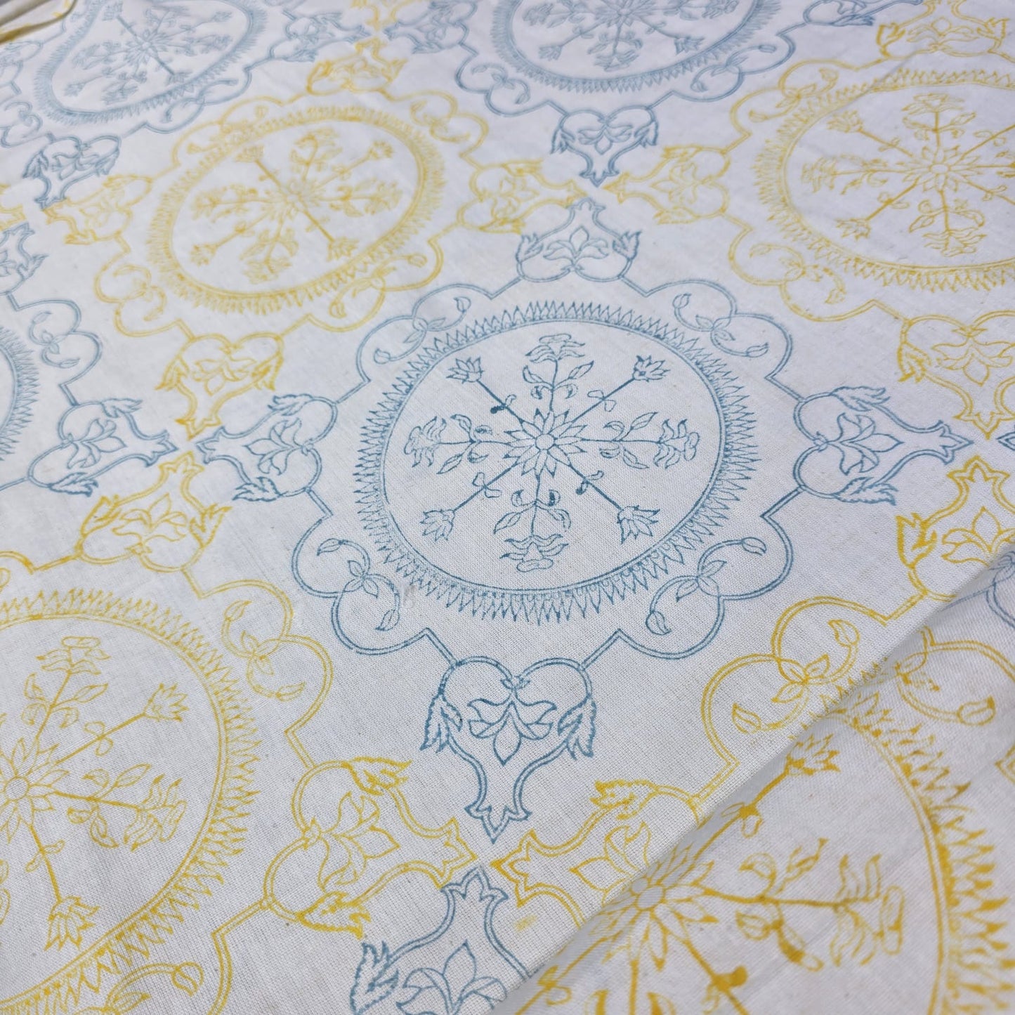 Premium Linen Flax Fabric – Off-White, Soft Blue & Yellow Tile Mandala Print – 44" (112cm) Wide by the Metre