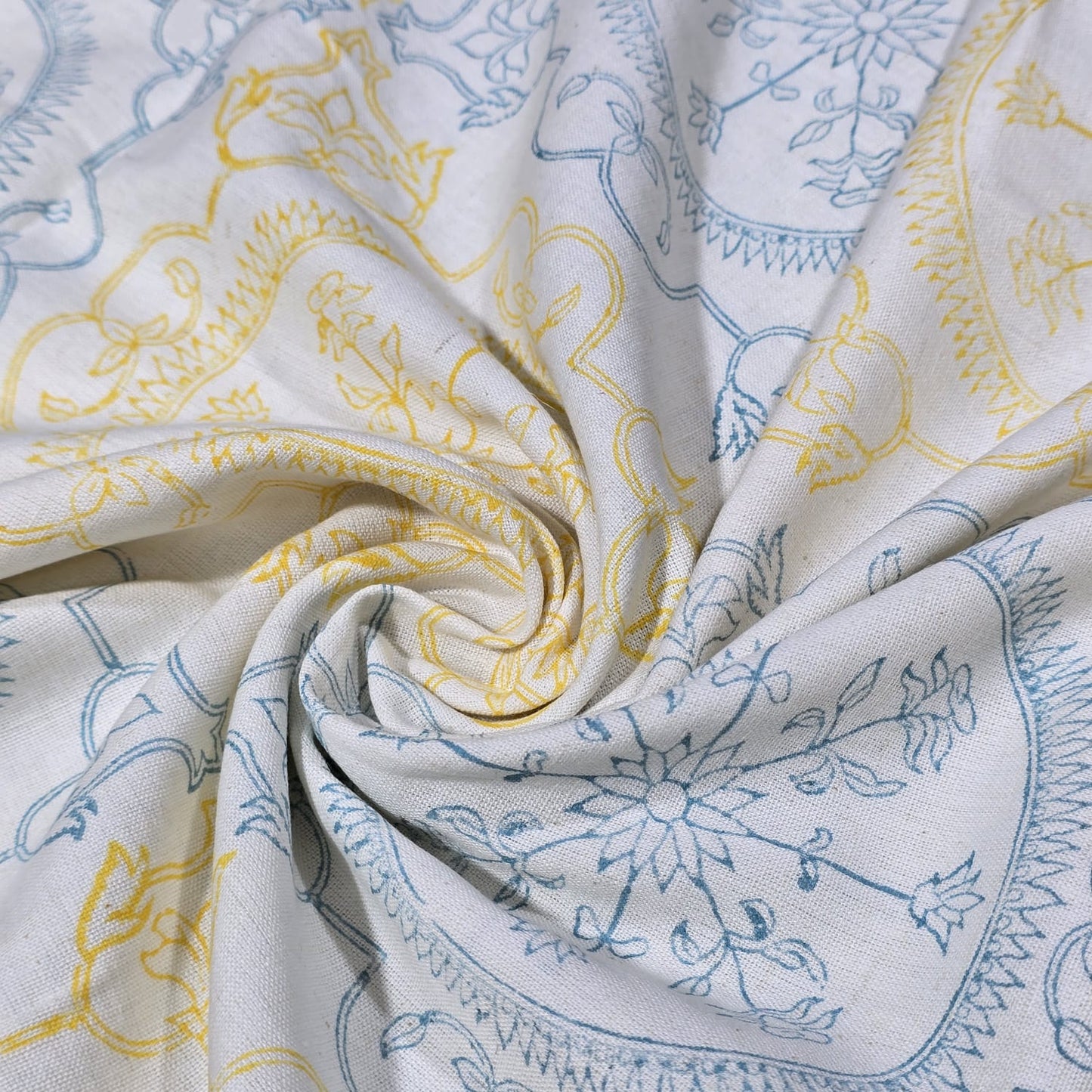 Premium Linen Flax Fabric – Off-White, Soft Blue & Yellow Tile Mandala Print – 44" (112cm) Wide by the Metre