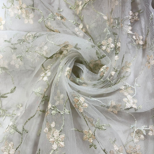 Ivory Floral Zari Embroidery Mesh Net Material Dress Craft Fabric 58" Wide By The Meter