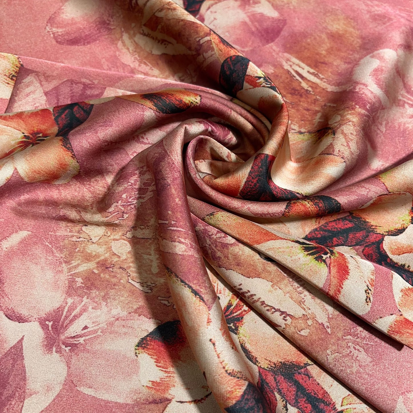 Rose Pink Floral Printed Luxury Satin Fabric 58" Wide  Silky Soft Dress Fabric By The Metre