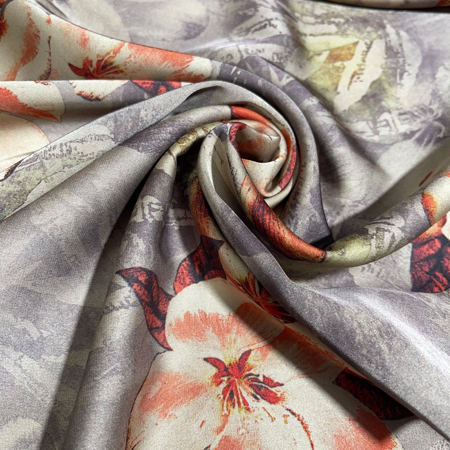 Silver Grey Floral Printed Luxury Satin Fabric 58" Wide  Silky Soft Dress Fabric By The Metre