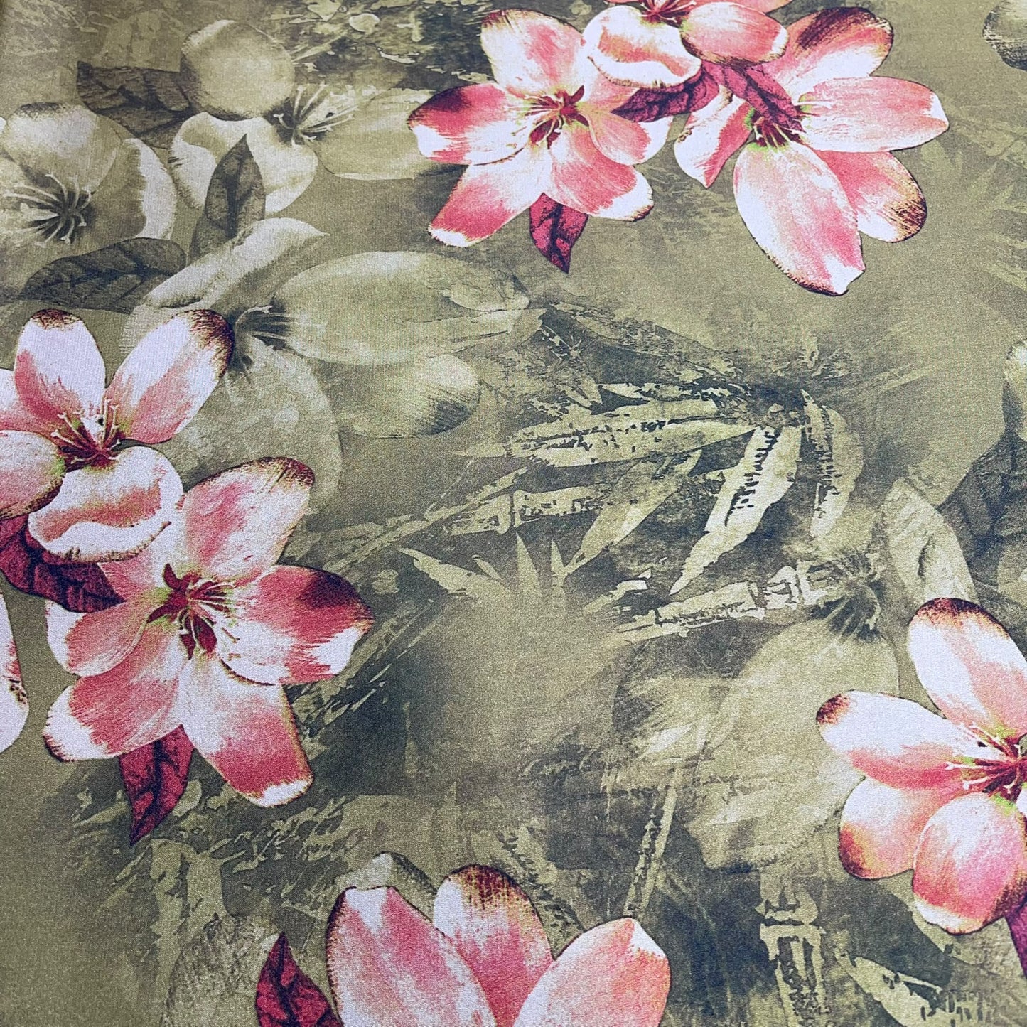 Olive Green Floral Printed Luxury Satin Fabric 58" Wide  Silky Soft Dress Fabric By The Metre