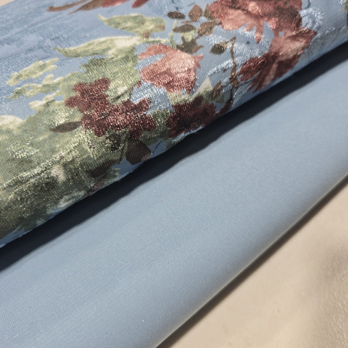 Powder Blue Floral Velvet Devore & Plain Wool Peach Skin Fabric 58" Wide – Mix & Match By The Metre