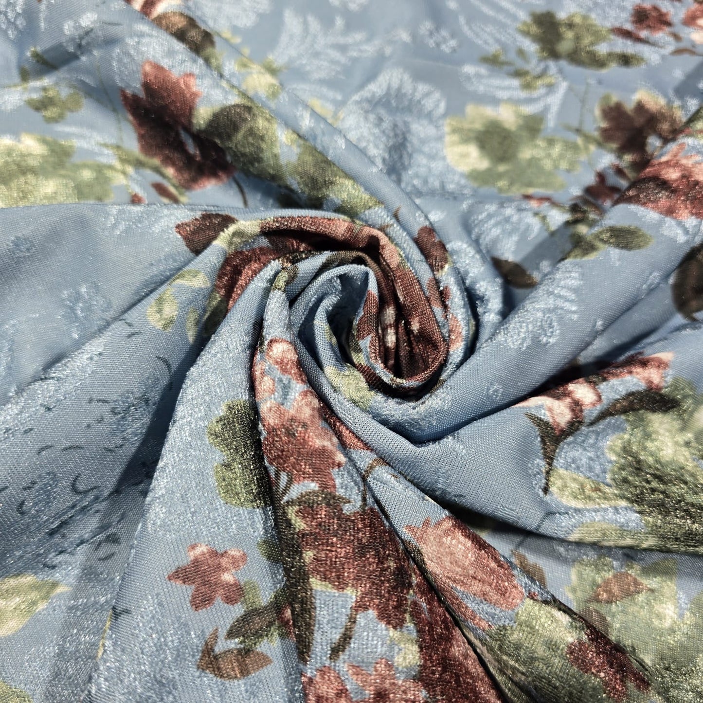 Powder Blue Floral Velvet Devore & Plain Wool Peach Skin Fabric 58" Wide – Mix & Match By The Metre