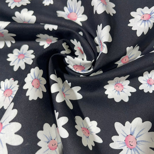 Black Daisy 100% Cotton Quilting Dress Craft Costume Fabric 58" Wide By The Meter