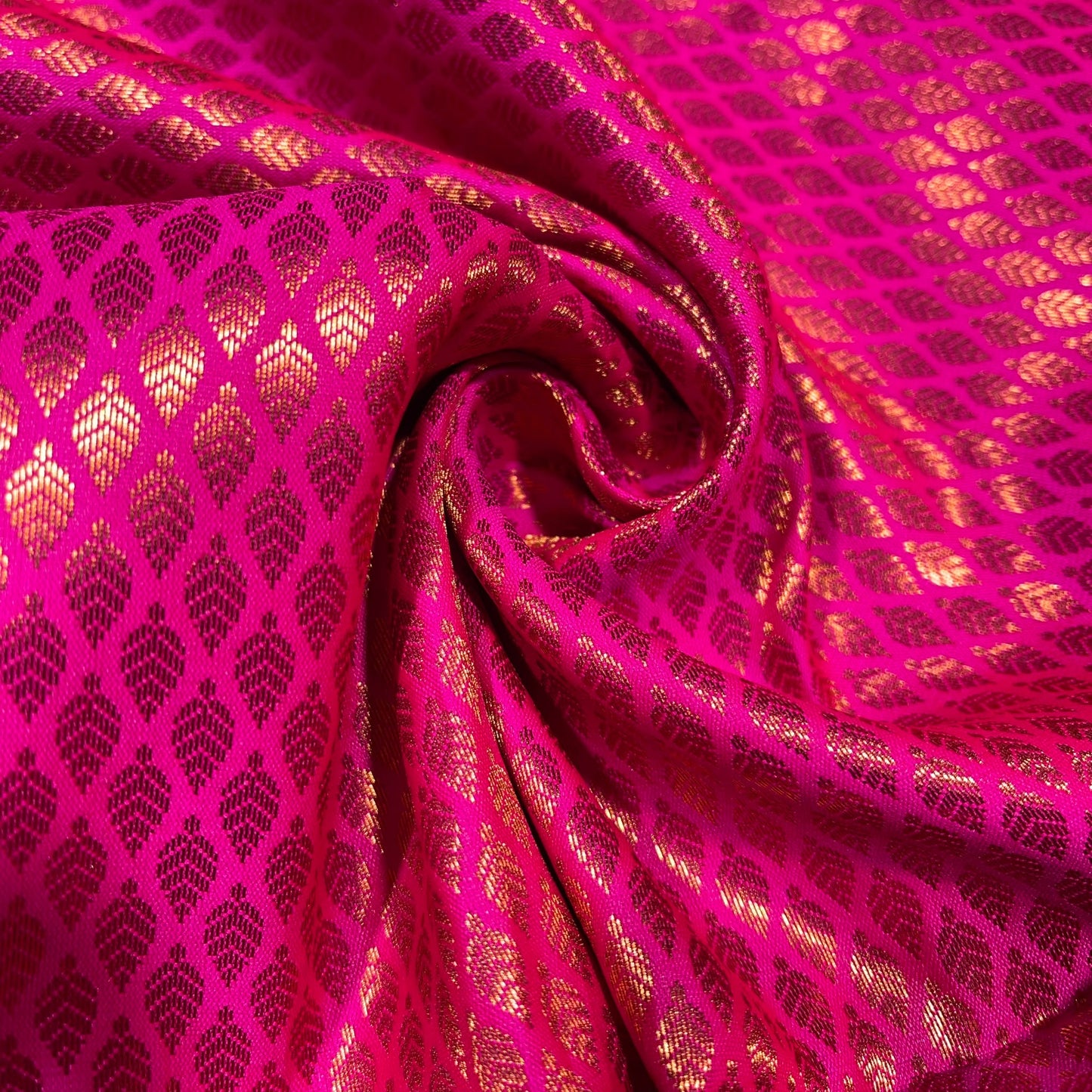 Fuchsia Gold Foil Leaf Banarasi Brocade Bridal, Dressmaking, Costume Fabric 44" Wide By The Meter