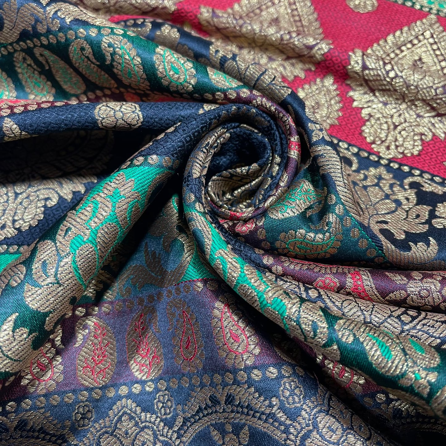 Multicolour - Antique Gold Floral Jacquard Ornamental Banarasi Brocade Bridal, Dressmaking, Costume Fabric 44" Wide By The Meter