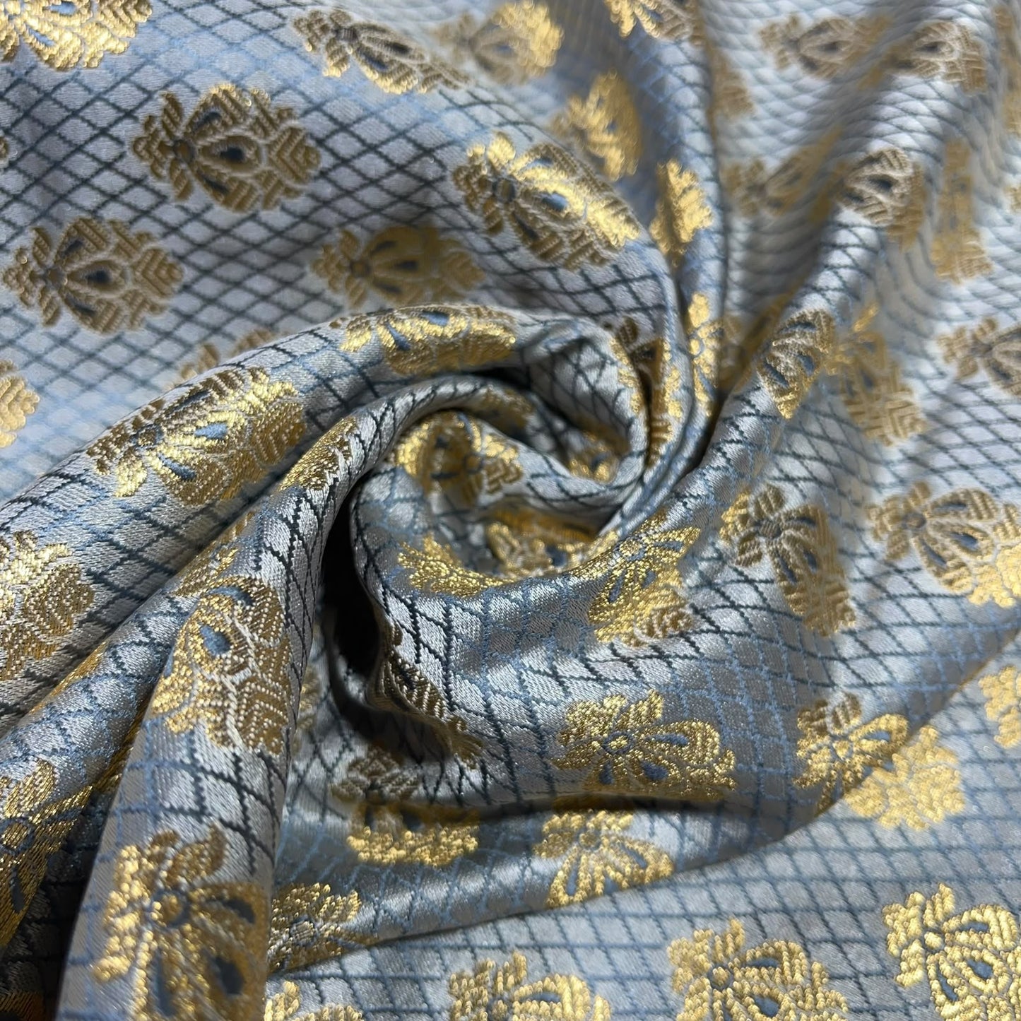 Silver Grey Royal Emblem Banarasi Brocade Bridal, Dressmaking, Costume Fabric 44" Wide By The Meter