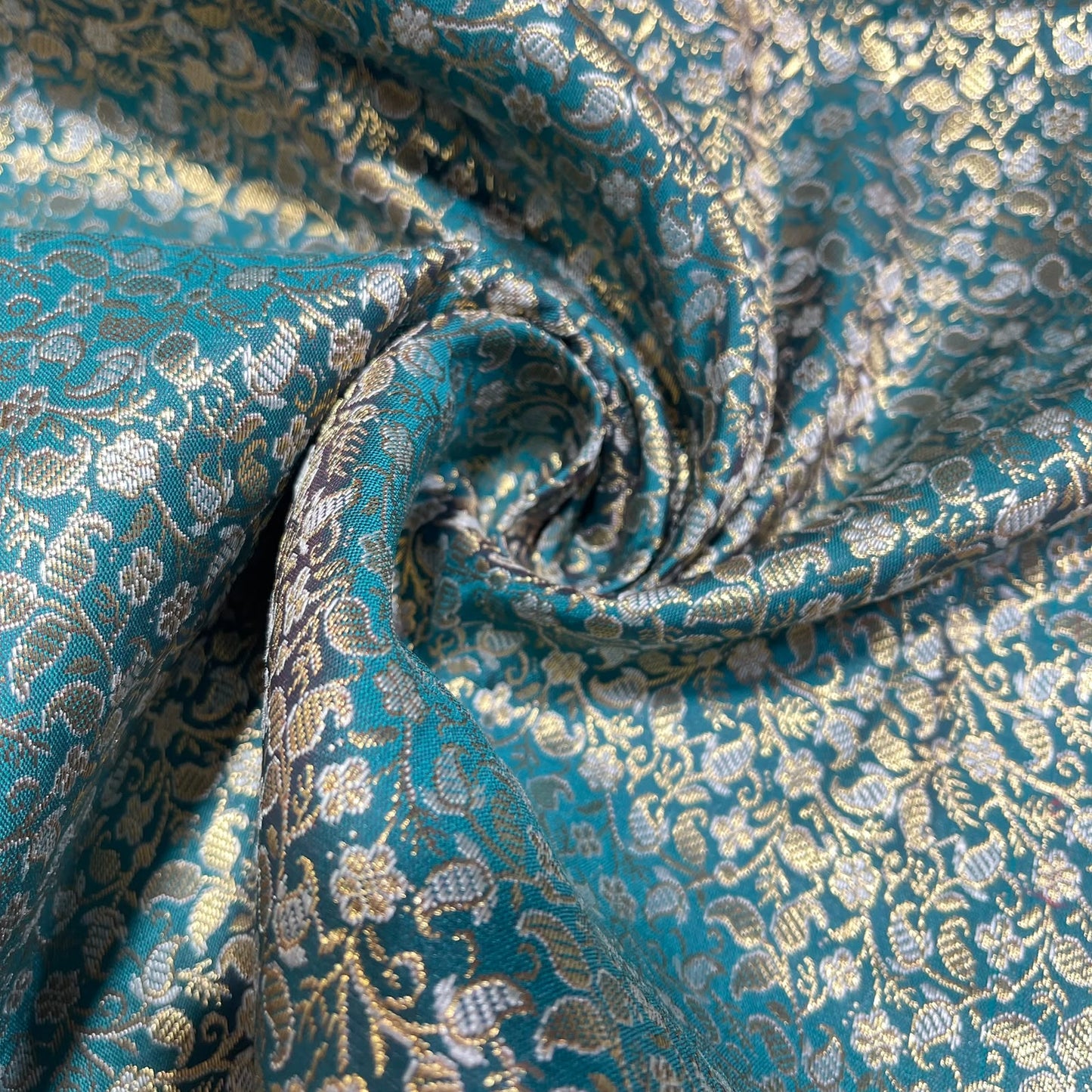 Teal Paisley Floral Banarasi Brocade Bridal, Dressmaking, Costume Fabric 44" Wide By The Meter
