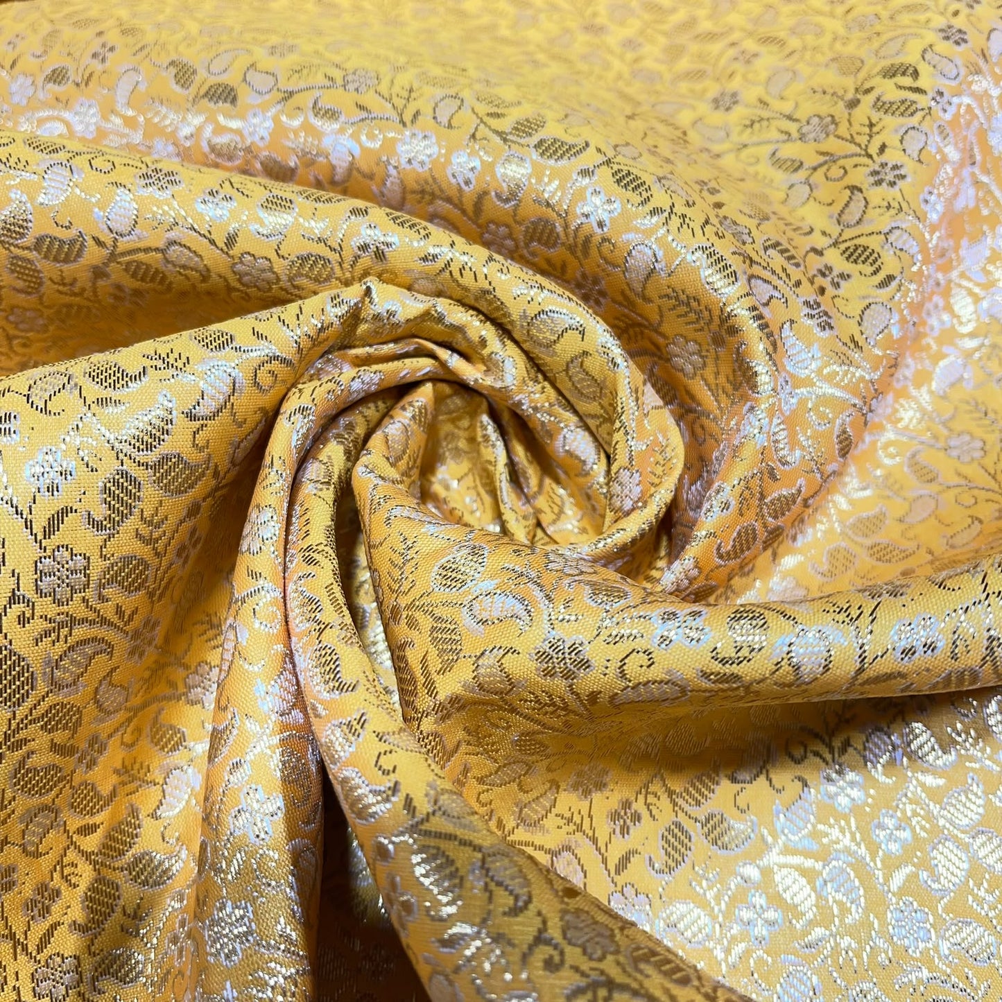 Yellow Gold Paisley Floral Banarasi Brocade Bridal, Dressmaking, Costume Fabric 44" Wide By The Meter