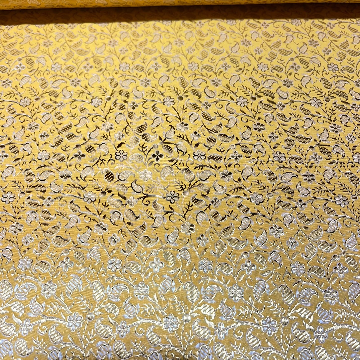 Yellow Gold Paisley Floral Banarasi Brocade Bridal, Dressmaking, Costume Fabric 44" Wide By The Meter