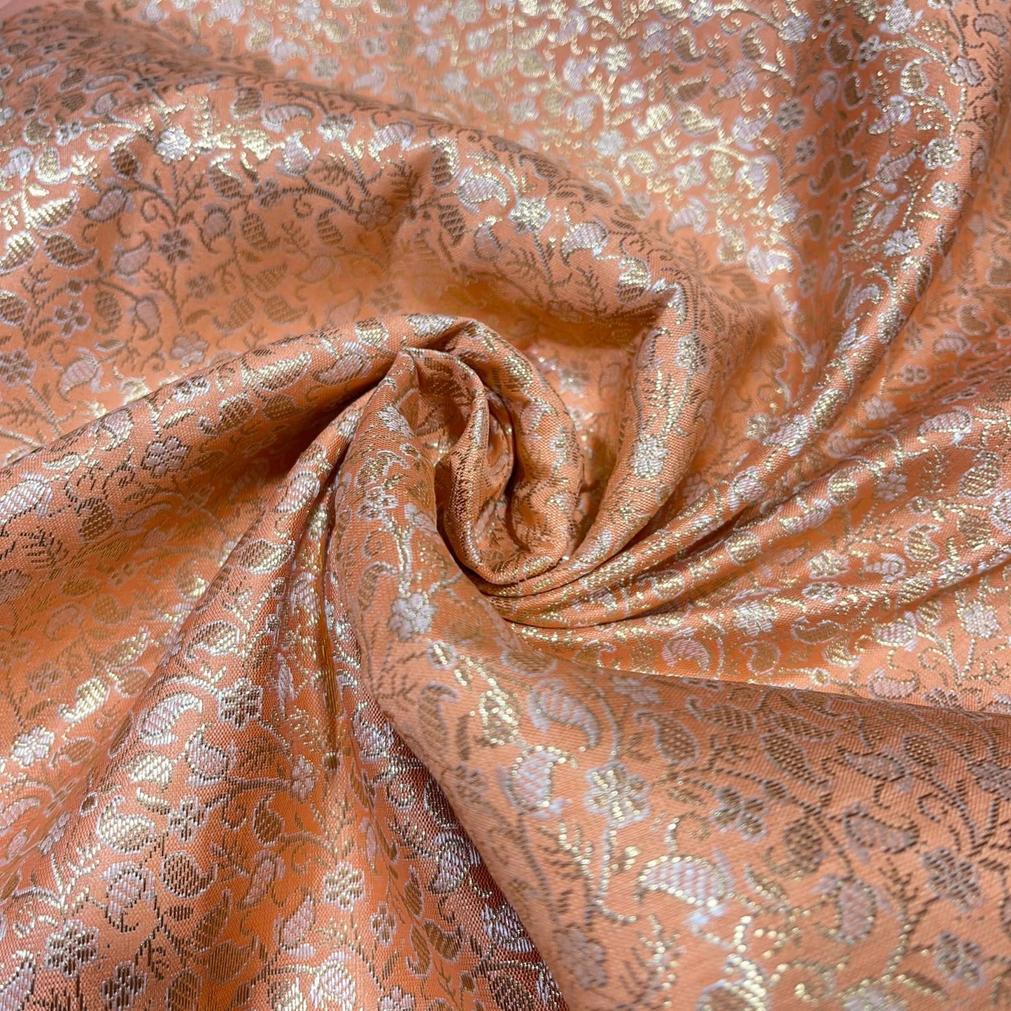 Coral Peach Paisley Floral Banarasi Brocade Bridal, Dressmaking, Costume Fabric 44" Wide By The Meter