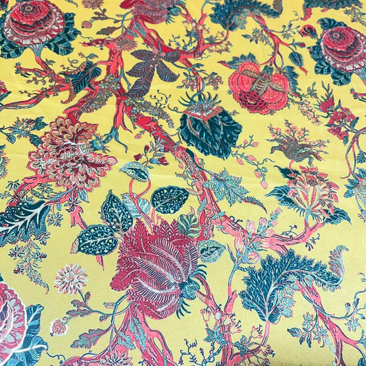 Yellow Floral Tapestry Gold Foil Printed Satin Dressmaking Costume Craft Fabric 44" Wide By The Meter