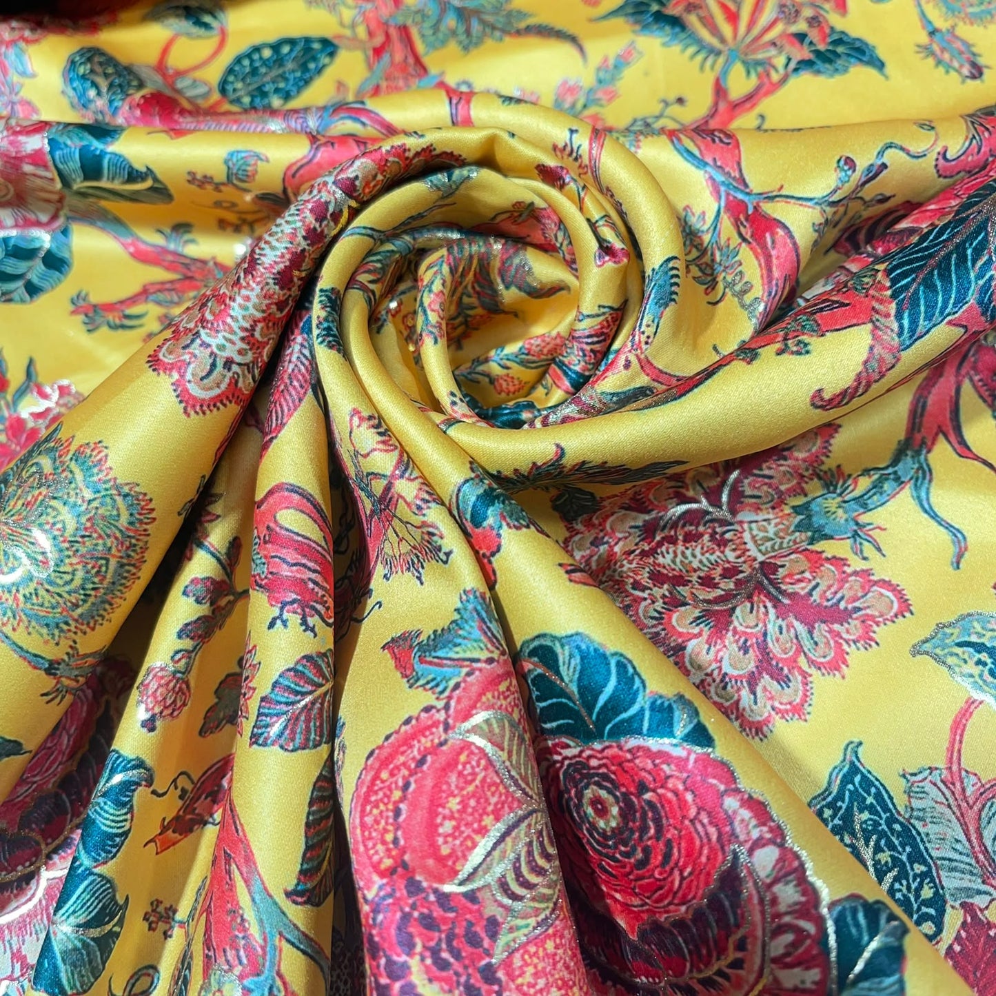 Yellow Floral Tapestry Gold Foil Printed Satin Dressmaking Costume Craft Fabric 44" Wide By The Meter