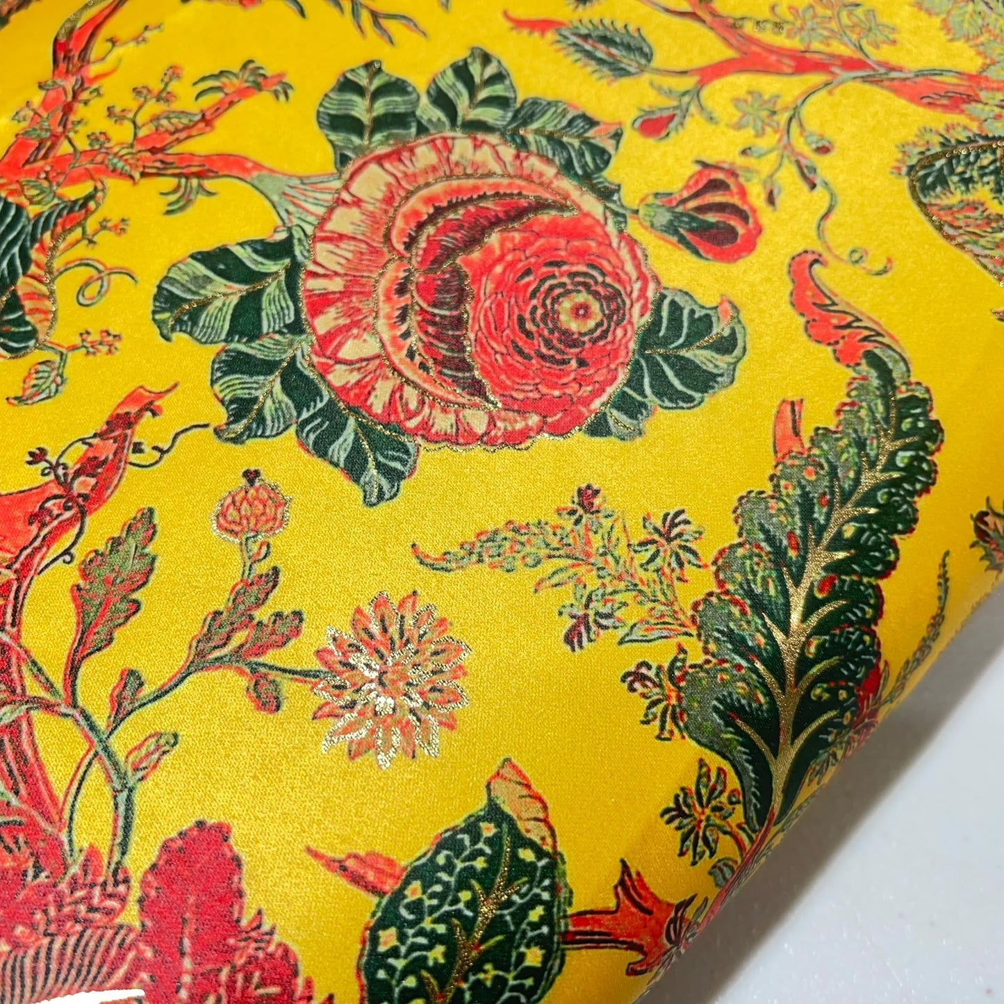 Yellow Floral Tapestry Gold Foil Printed Satin Dressmaking Costume Craft Fabric 44" Wide By The Meter