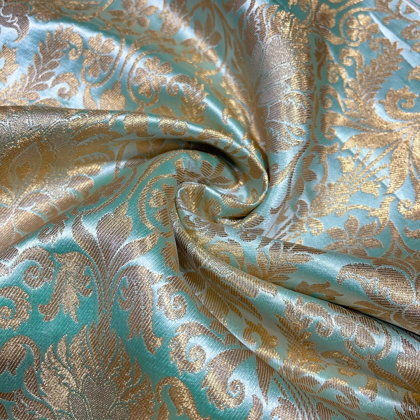Aqua Turquoise Damask Leaf Banarasi Brocade Bridal, Dressmaking, Costume Fabric 44" Wide By The Meter
