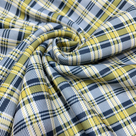 Yellow Navy Tartan Check Scuba Fabric 58" Wide – Plaid Stretch Dressmaking Fabric By The Metre