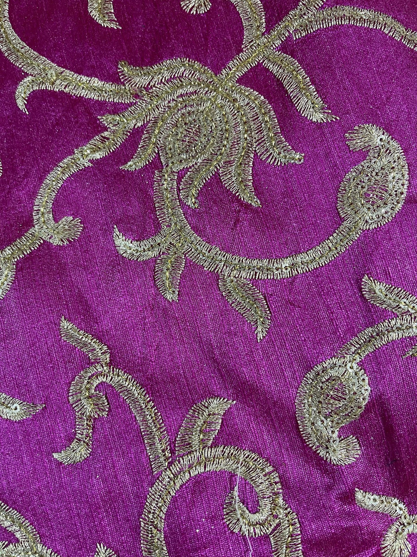 Luxury Faux Raw Silk Fabric with Gold Floral Embroidery – 44” Wide – Dress, Décor & Craft Material (By the Meter)