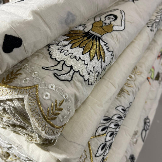 Cotton Embroidery Fabric Floral Golden Zari Metallic Dress Craft Material 44" Wide