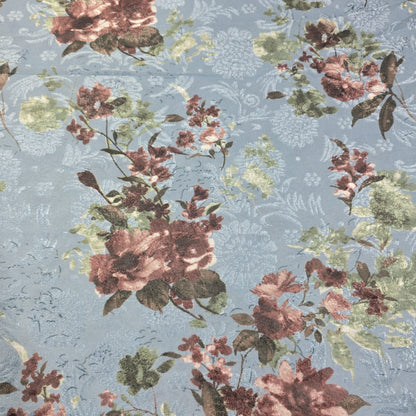 Powder Blue Floral Velvet Devore & Plain Wool Peach Skin Fabric 58" Wide – Mix & Match By The Metre