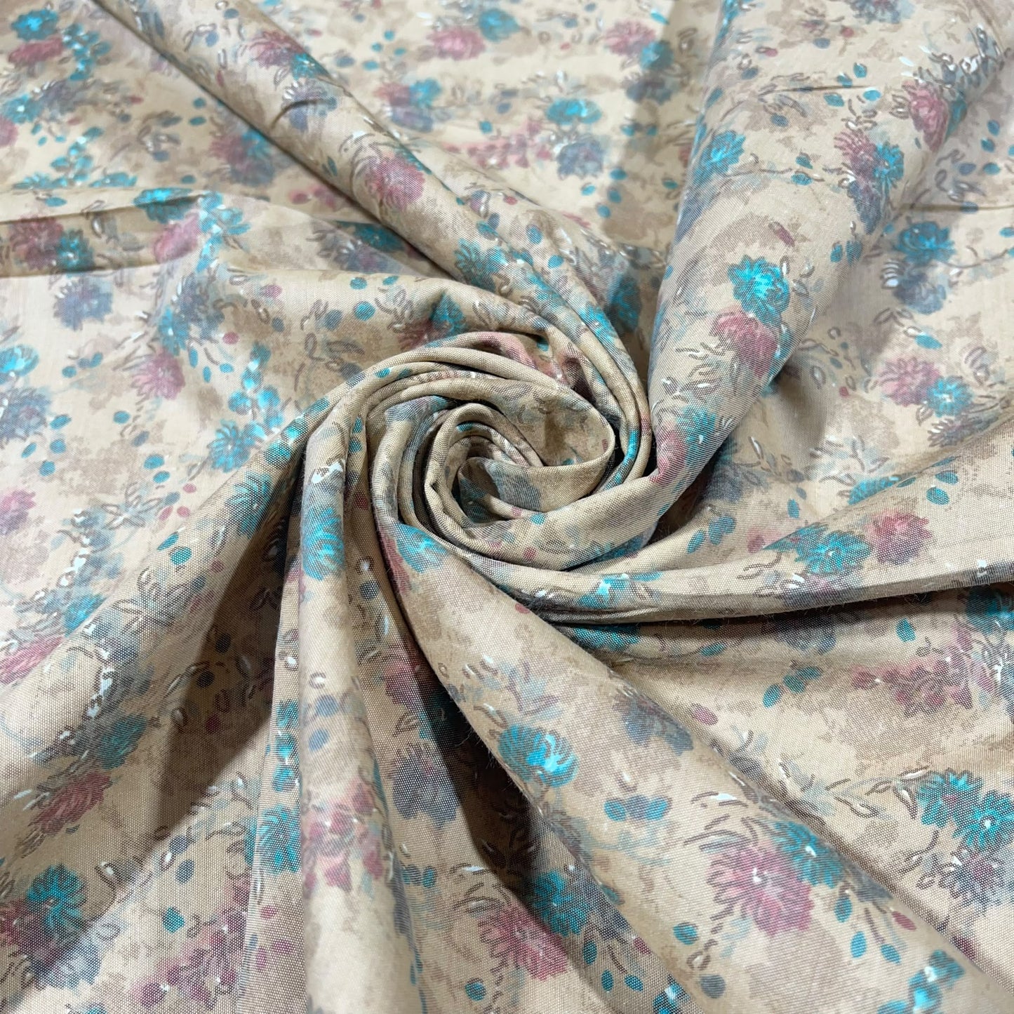 Aqua Vintage Bloom 100% Cotton Floral Lawn Fabric 58" Wide Dressmaking Craft Draping Per Meter