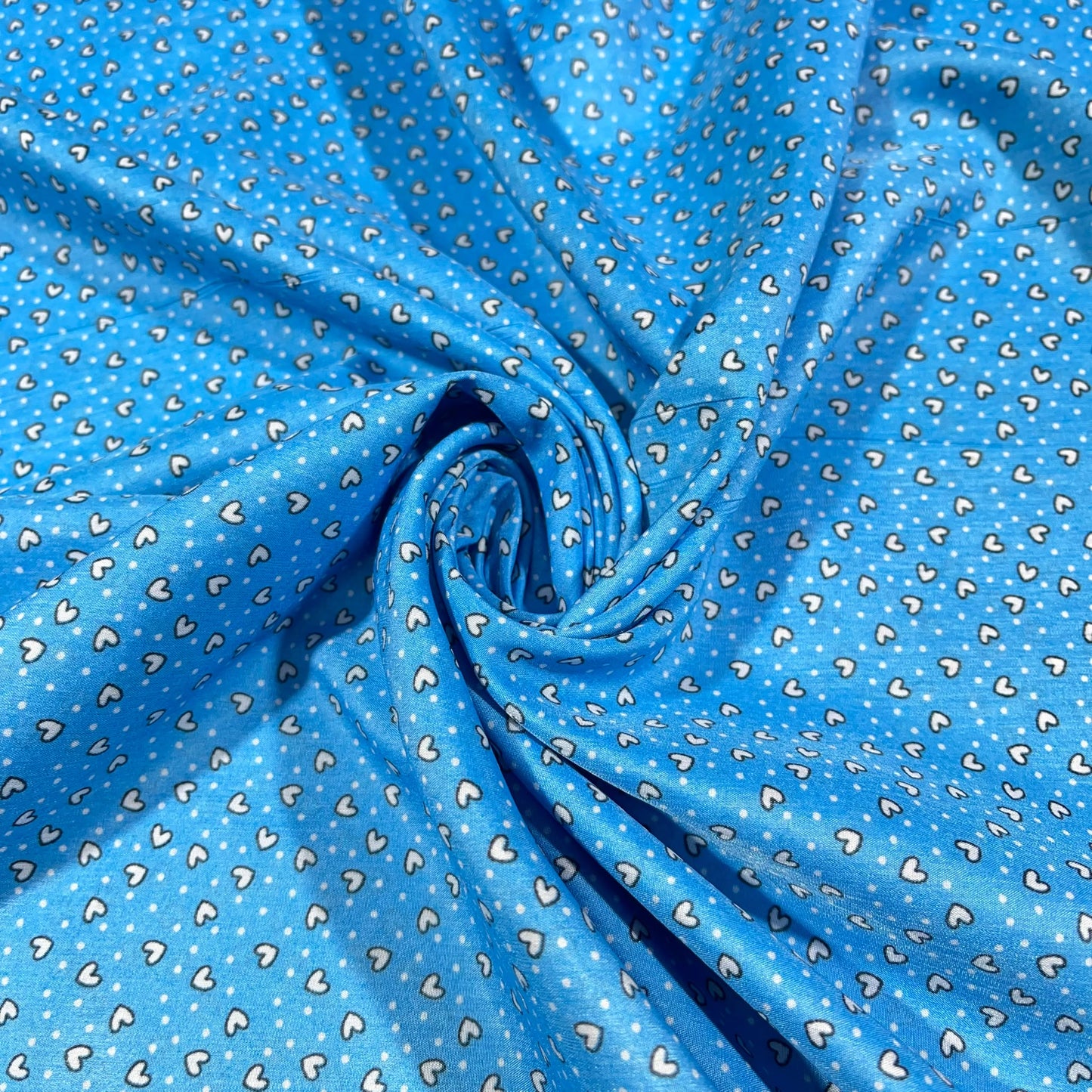 Blue Ditsy Hearts & Polka Print Crepe Fabric 58" Wide Dressmaking Draping Craft Material Per Meter