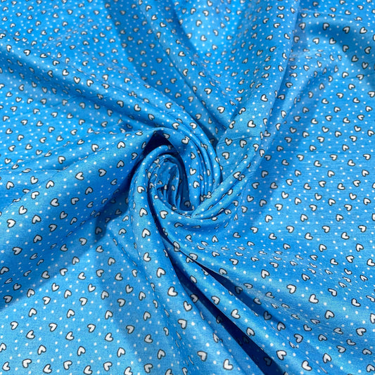 Blue Ditsy Hearts & Polka Print Crepe Fabric 58" Wide Dressmaking Draping Craft Material Per Meter