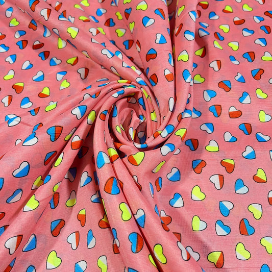 Coral Pink Hearts Print Crepe Fabric 58" Wide Dressmaking Draping Craft Material Per Meter