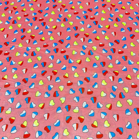 Coral Pink Hearts Print Crepe Fabric 58" Wide Dressmaking Draping Craft Material Per Meter