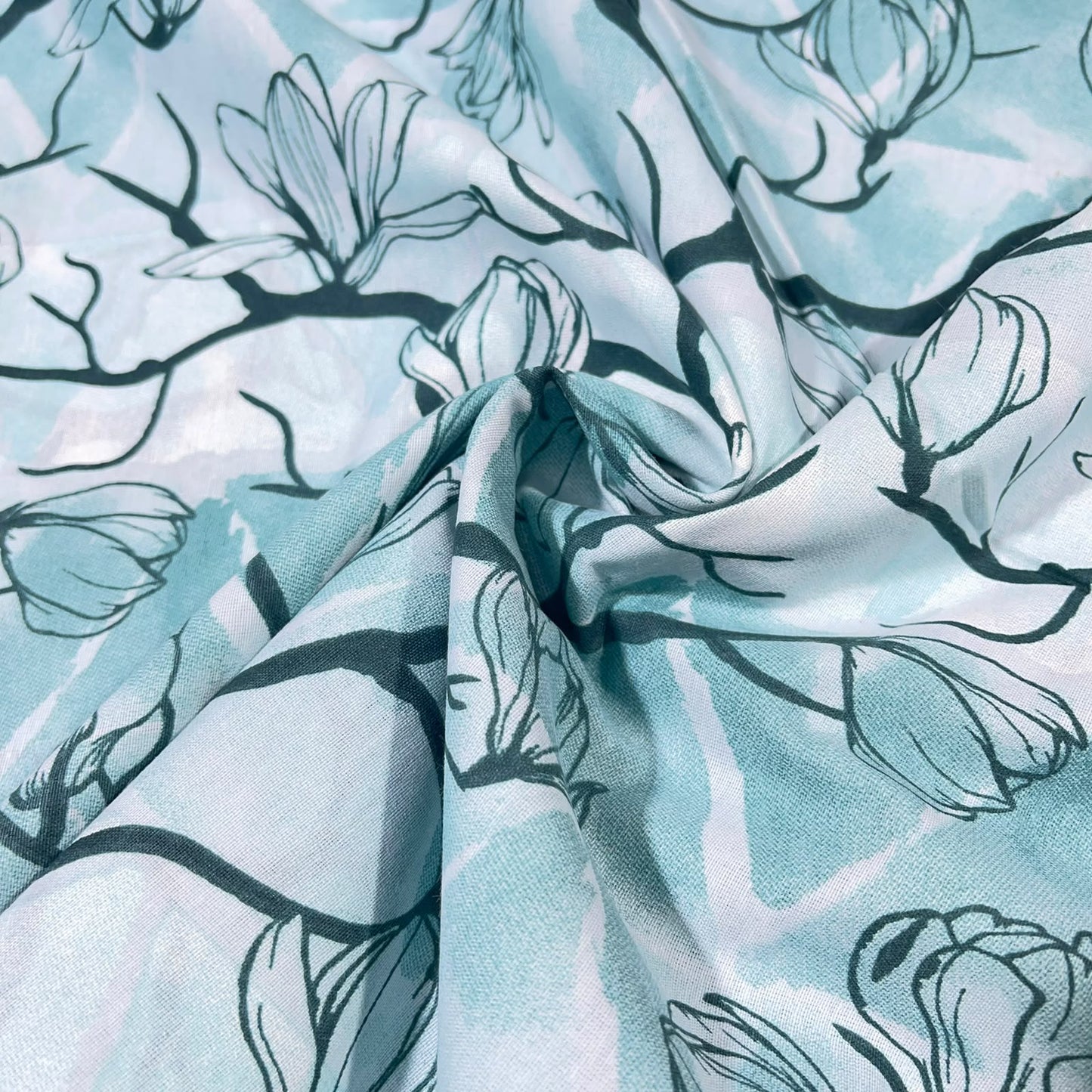 Blue Magnolia Floral Polycotton Fabric 240cm Wide Sheeting Bedding Quilting Material Per Meter