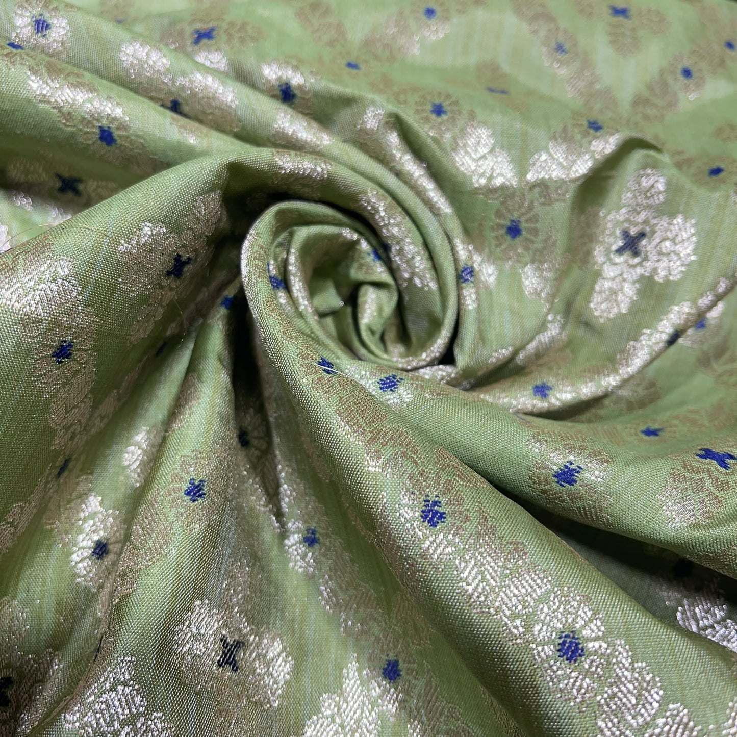 Sage Green Diamond Bloom Floral Jacquard Banarasi Brocade Bridal, Dressmaking, Costume Fabric 44" Wide By The Meter