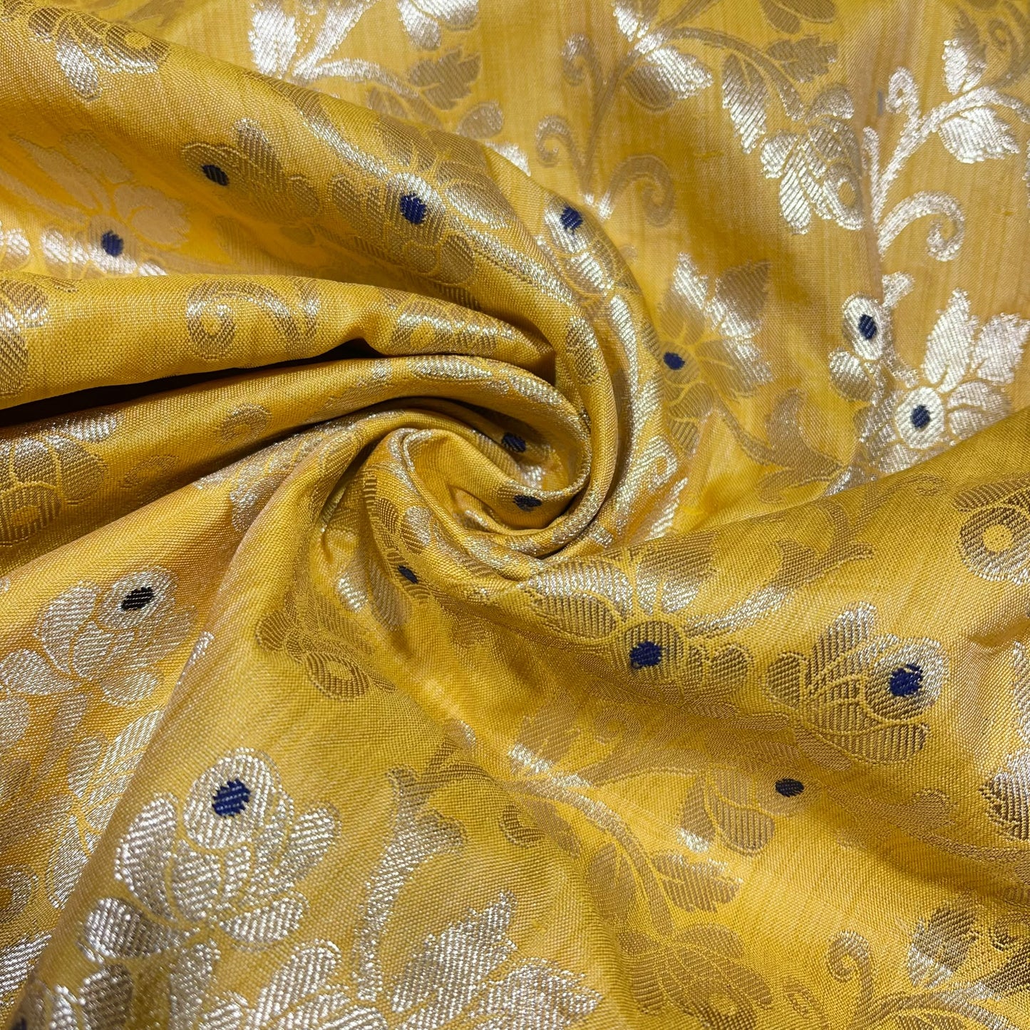Mustard Yellow Diamond Bloom Floral Jacquard Banarasi Brocade Bridal, Dressmaking, Costume Fabric 44" Wide By The Meter