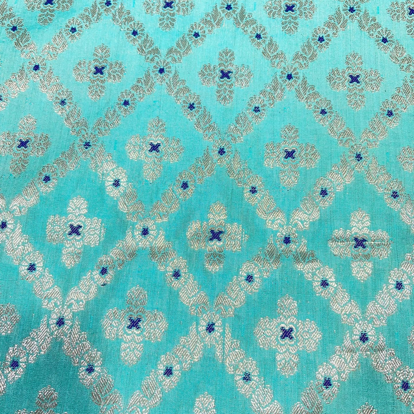 Aqua Turquoise Diamond Bloom Floral Jacquard Banarasi Brocade Bridal, Dressmaking, Costume Fabric 44" Wide By The Meter