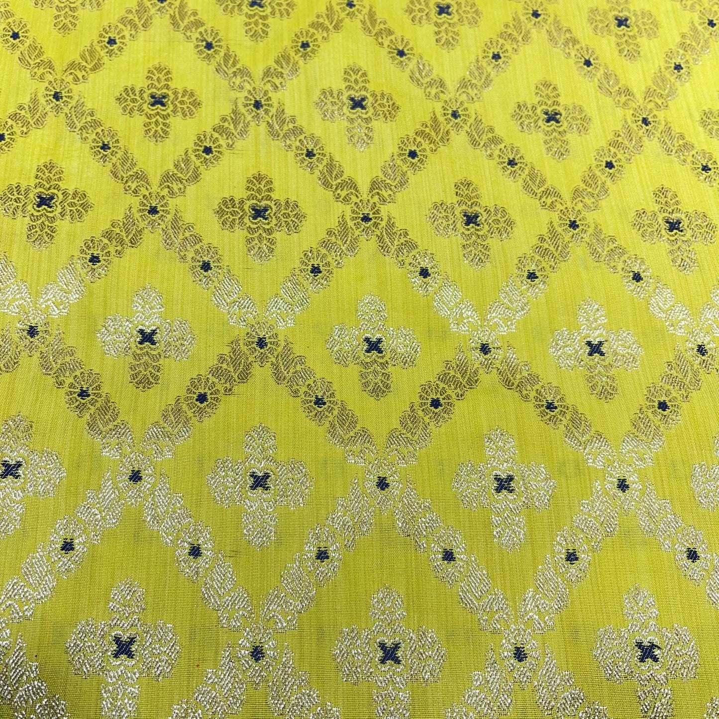Citrus Yellow Diamond Bloom Floral Jacquard Banarasi Brocade Bridal, Dressmaking, Costume Fabric 44" Wide By The Meter