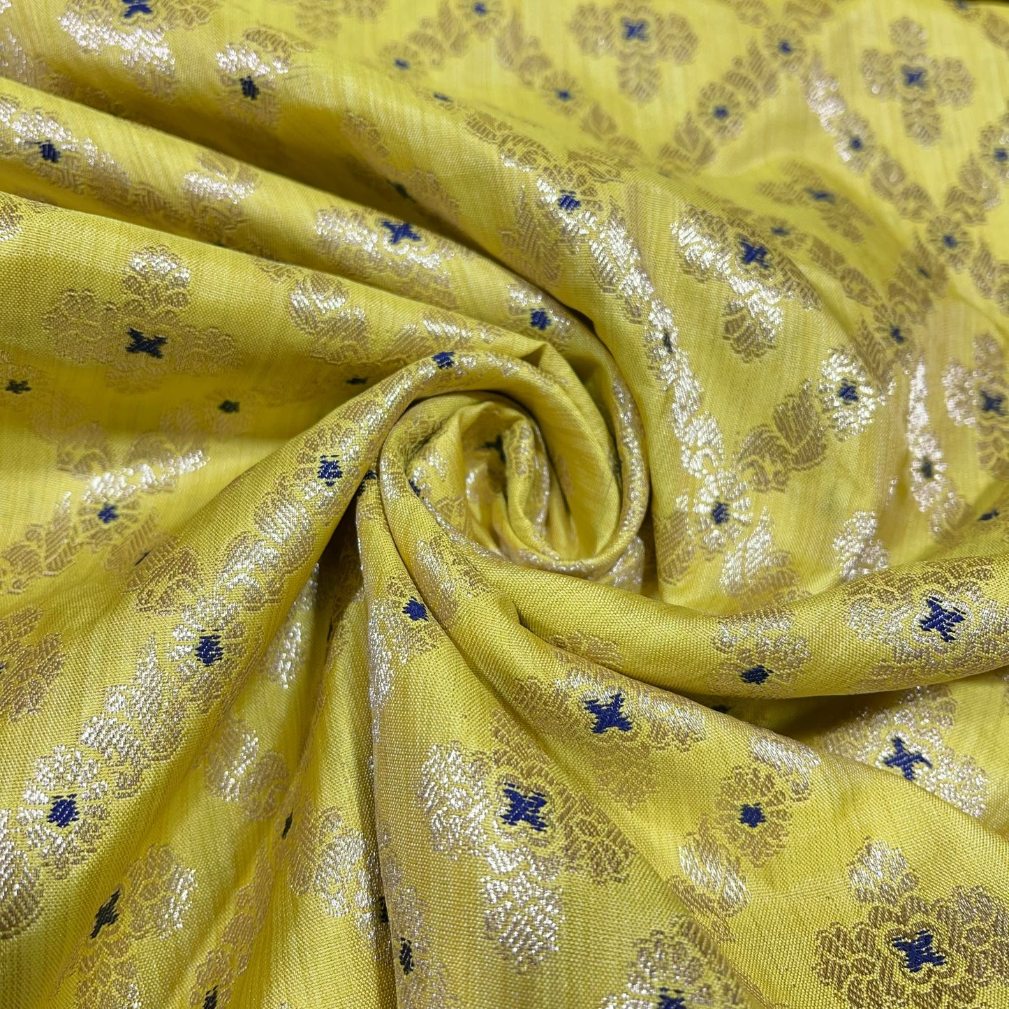Citrus Yellow Diamond Bloom Floral Jacquard Banarasi Brocade Bridal, Dressmaking, Costume Fabric 44" Wide By The Meter