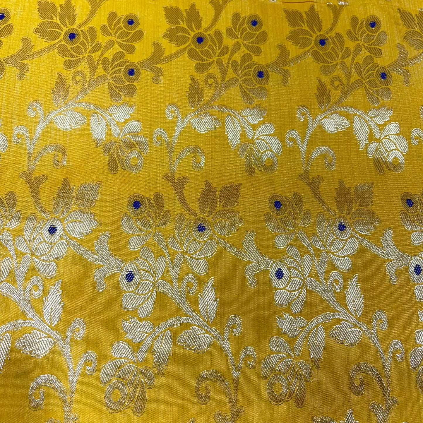 Golden Yellow Diamond Bloom Floral Jacquard Banarasi Brocade Bridal, Dressmaking, Costume Fabric 44" Wide By The Meter