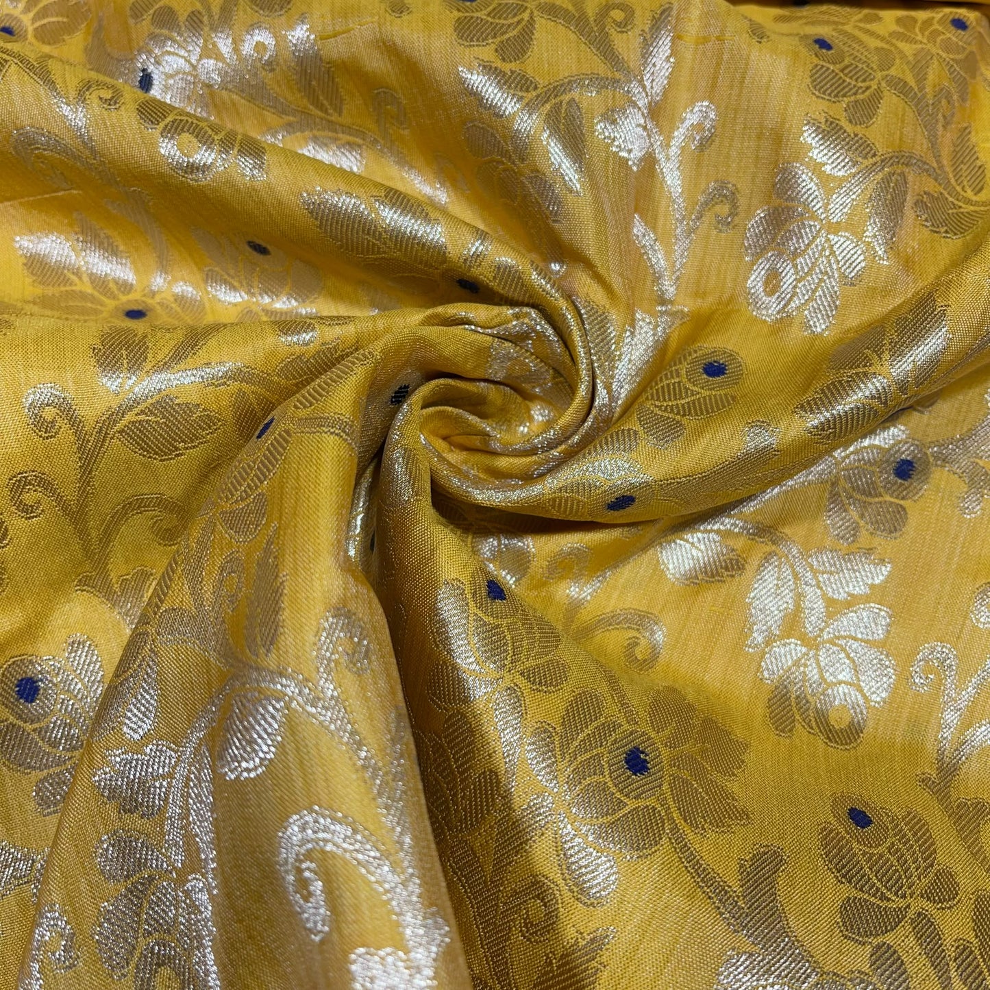 Golden Yellow Diamond Bloom Floral Jacquard Banarasi Brocade Bridal, Dressmaking, Costume Fabric 44" Wide By The Meter