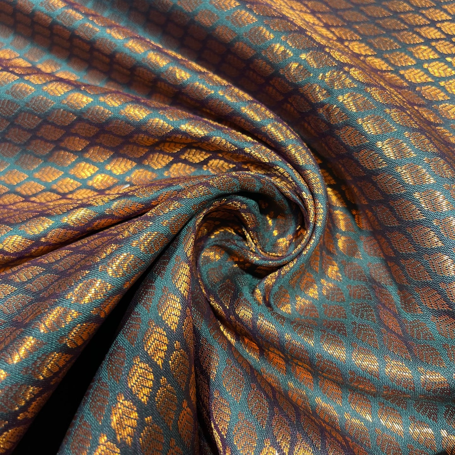 Teal Green Gold Foil Leaf Banarasi Brocade Bridal, Dressmaking, Costume Fabric 44" Wide By The Meter