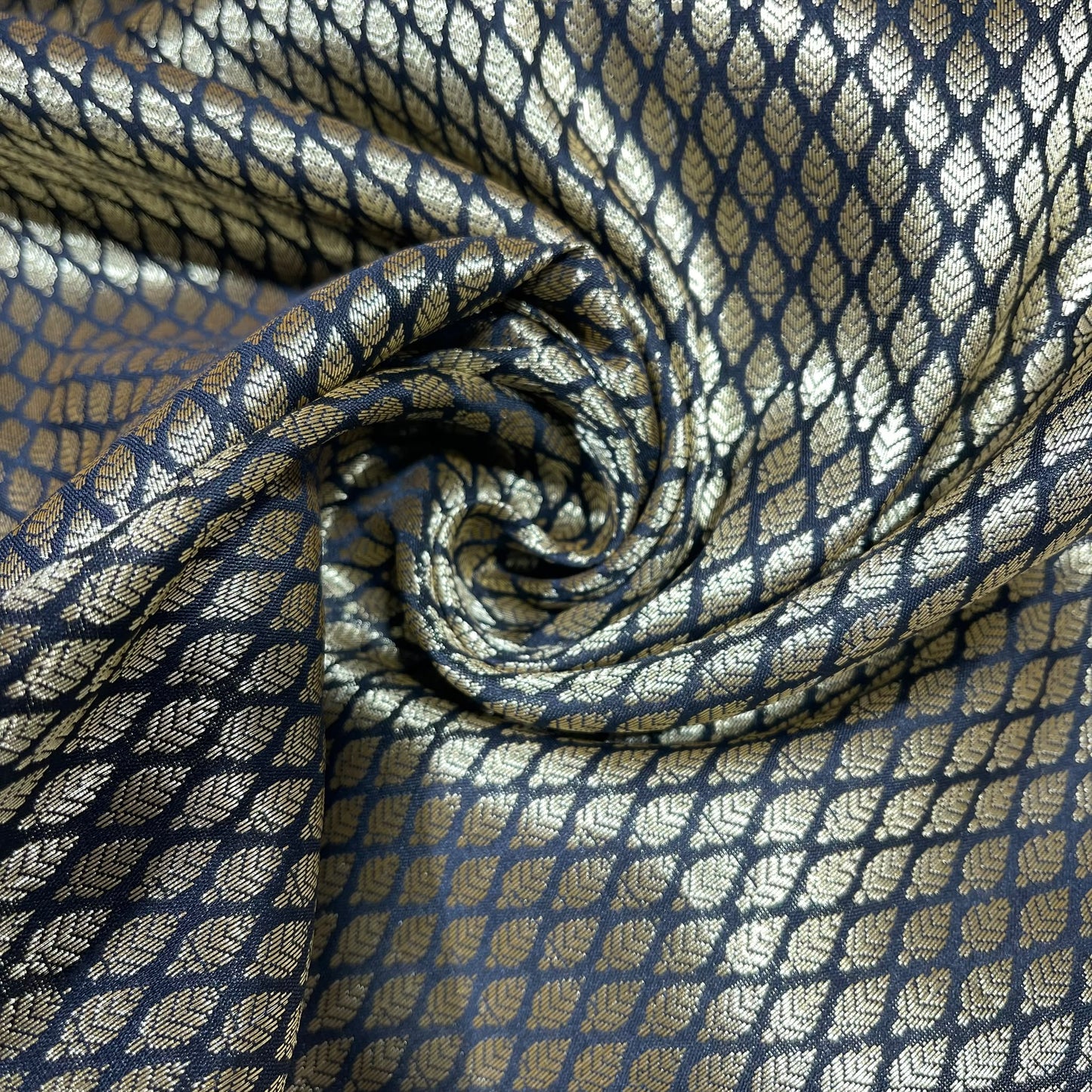 Black Gold Foil Leaf Banarasi Brocade Bridal, Dressmaking, Costume Fabric 44" Wide By The Meter