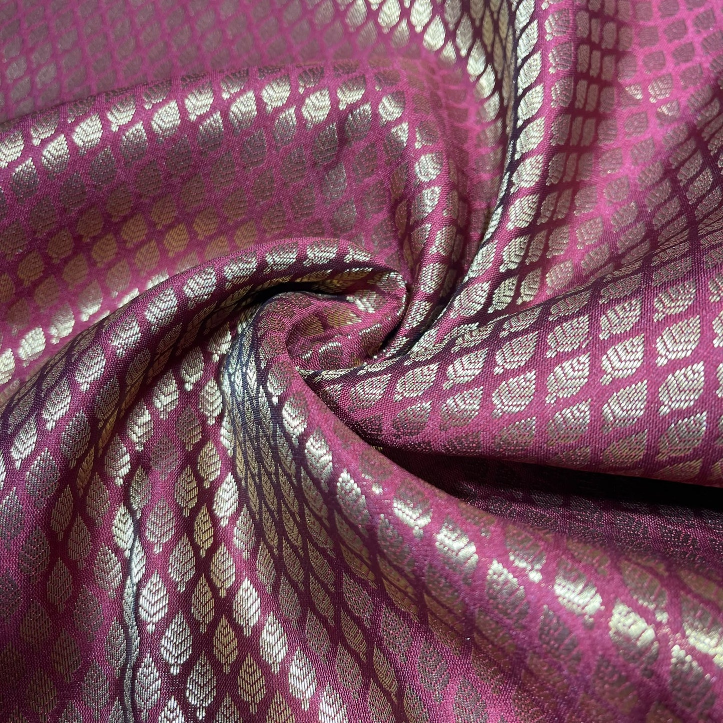 Burgundy Gold Foil Leaf Banarasi Brocade Bridal, Dressmaking, Costume Fabric 44" Wide By The Meter