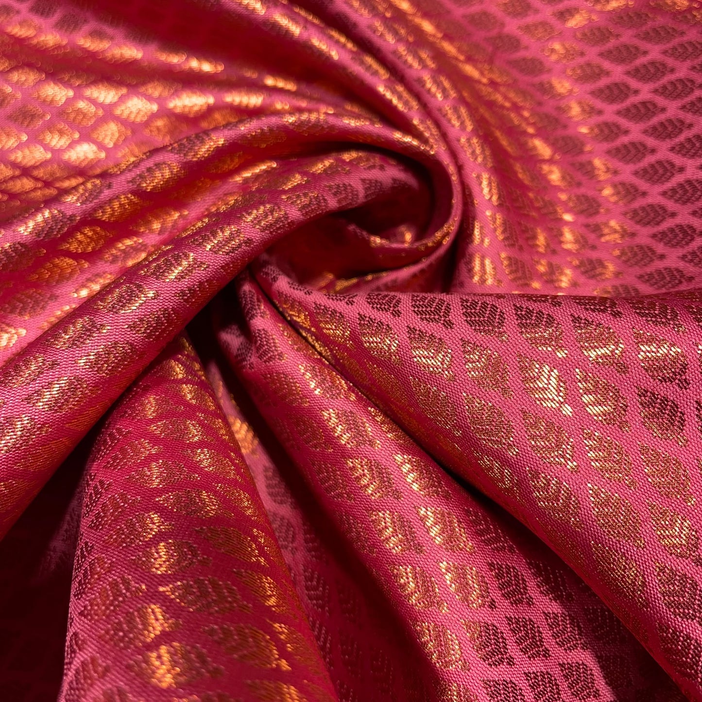 Coral Red Gold Foil Leaf Banarasi Brocade Bridal, Dressmaking, Costume Fabric 44" Wide By The Meter