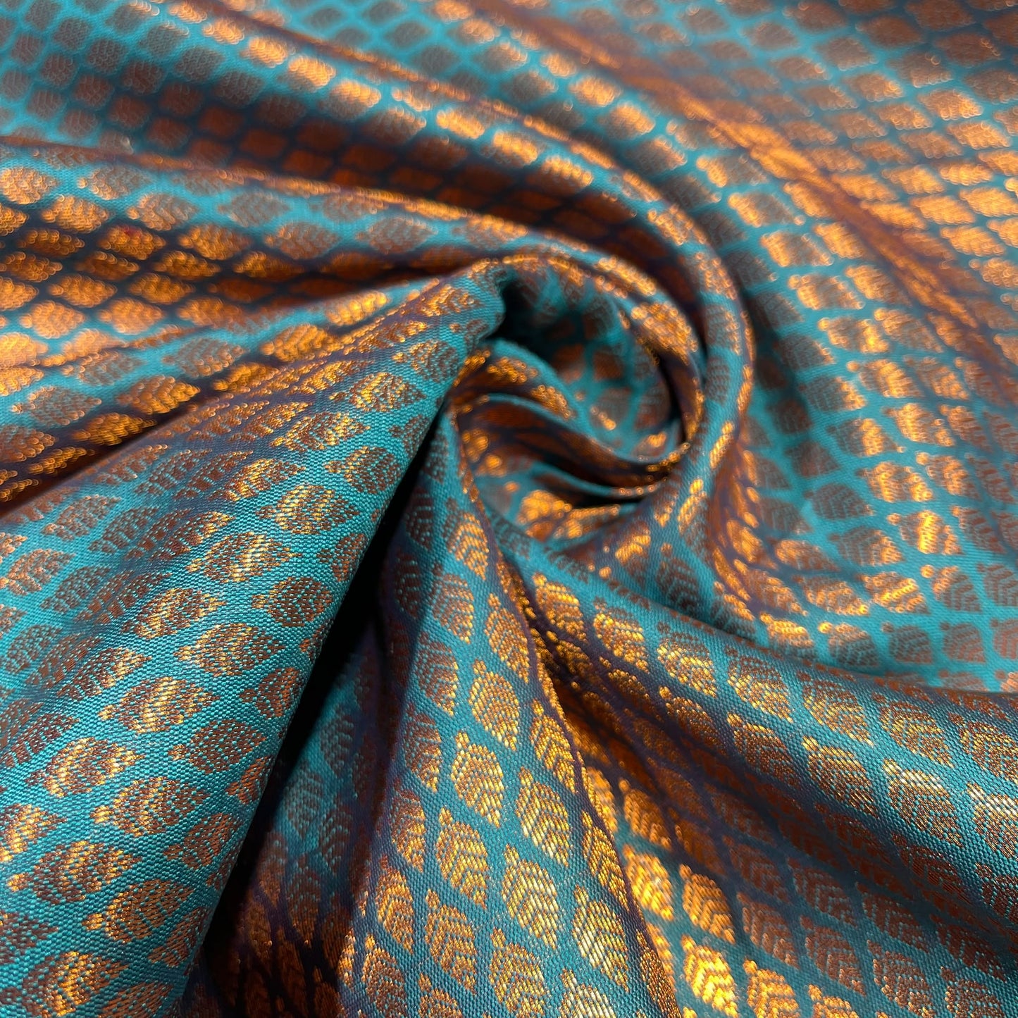Turquoise Blue Gold Foil Leaf Banarasi Brocade Bridal, Dressmaking, Costume Fabric 44" Wide By The Meter