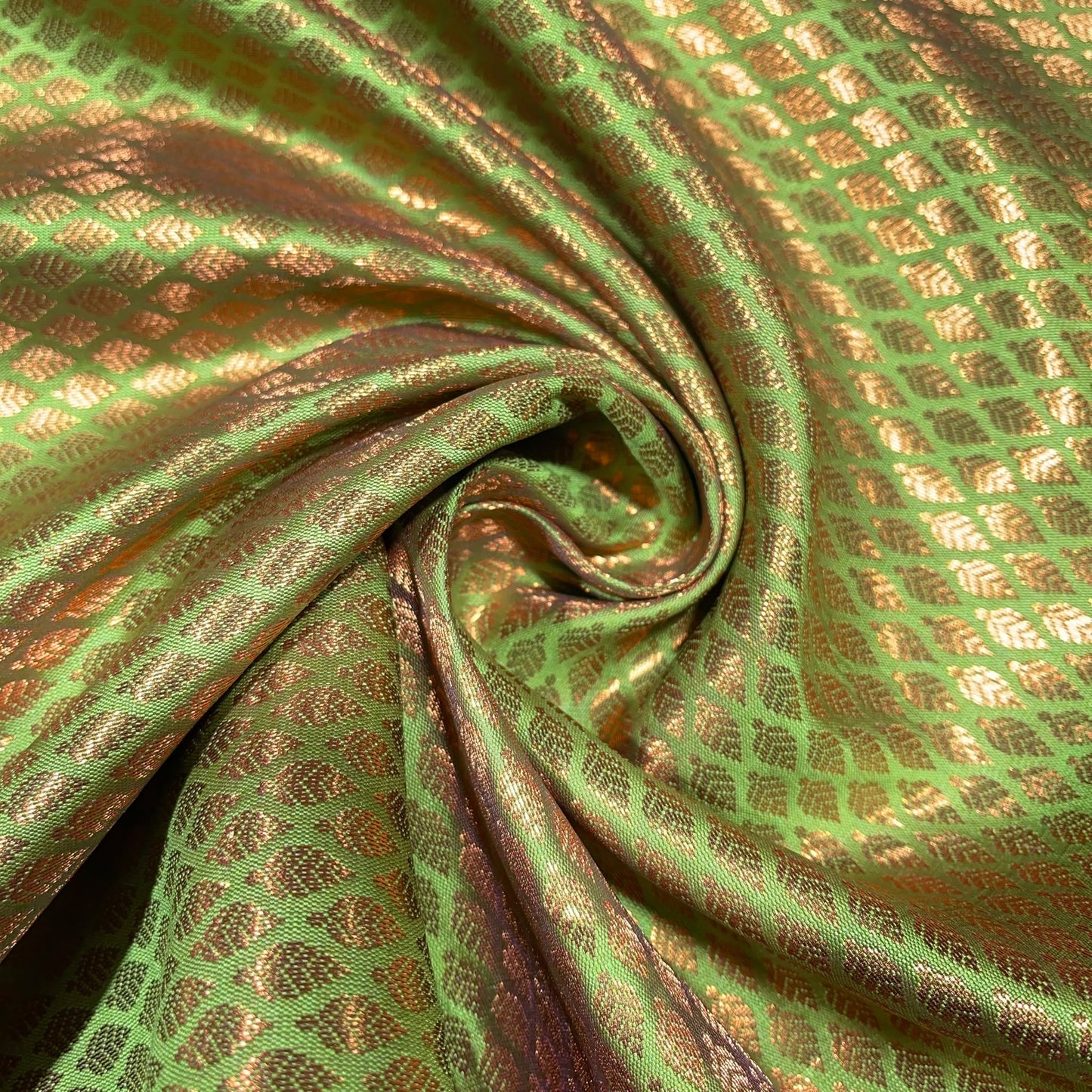 Lime Green Gold Foil Leaf Banarasi Brocade Bridal, Dressmaking, Costume Fabric 44" Wide By The Meter