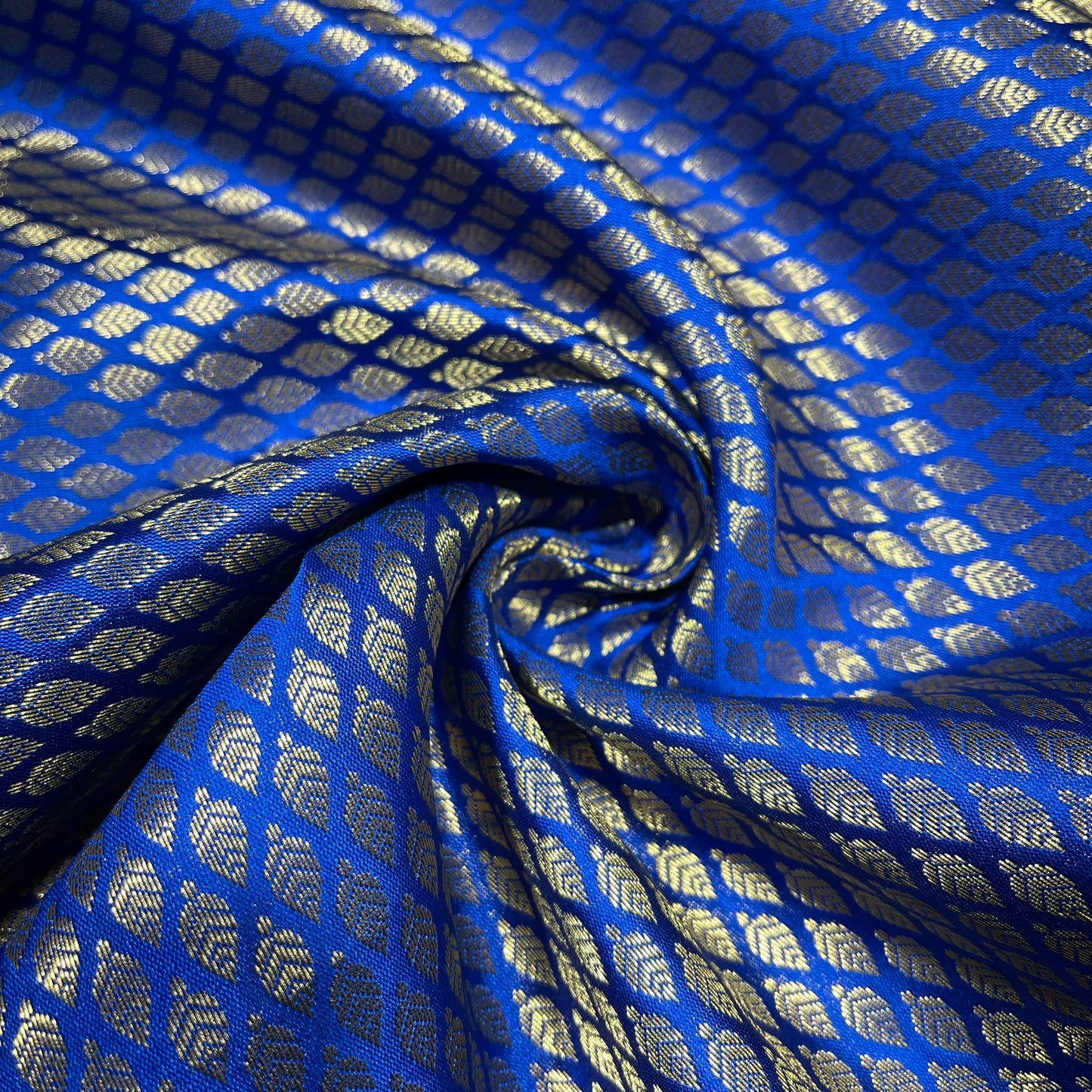 Royal Blue Gold Foil Leaf Banarasi Brocade Bridal, Dressmaking, Costume Fabric 44" Wide By The Meter