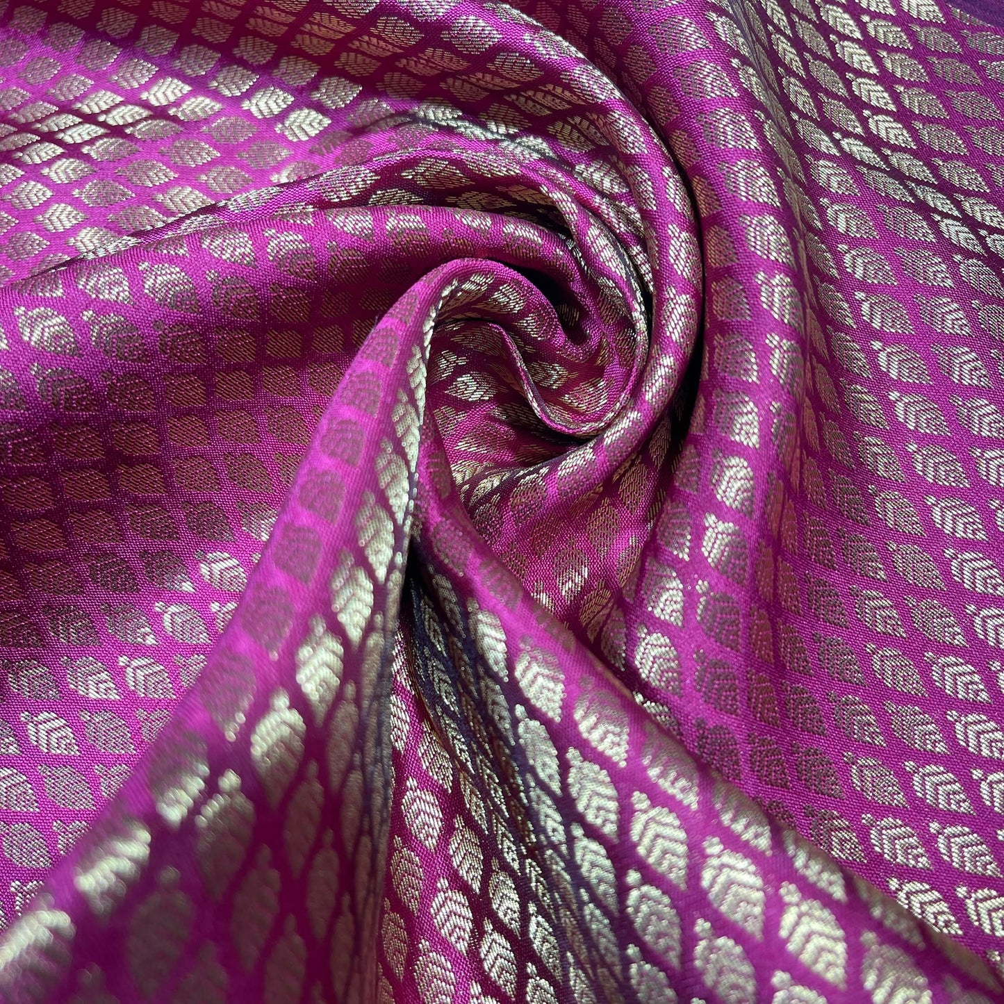 Magenta Pink Gold Foil Leaf Banarasi Brocade Bridal, Dressmaking, Costume Fabric 44" Wide By The Meter