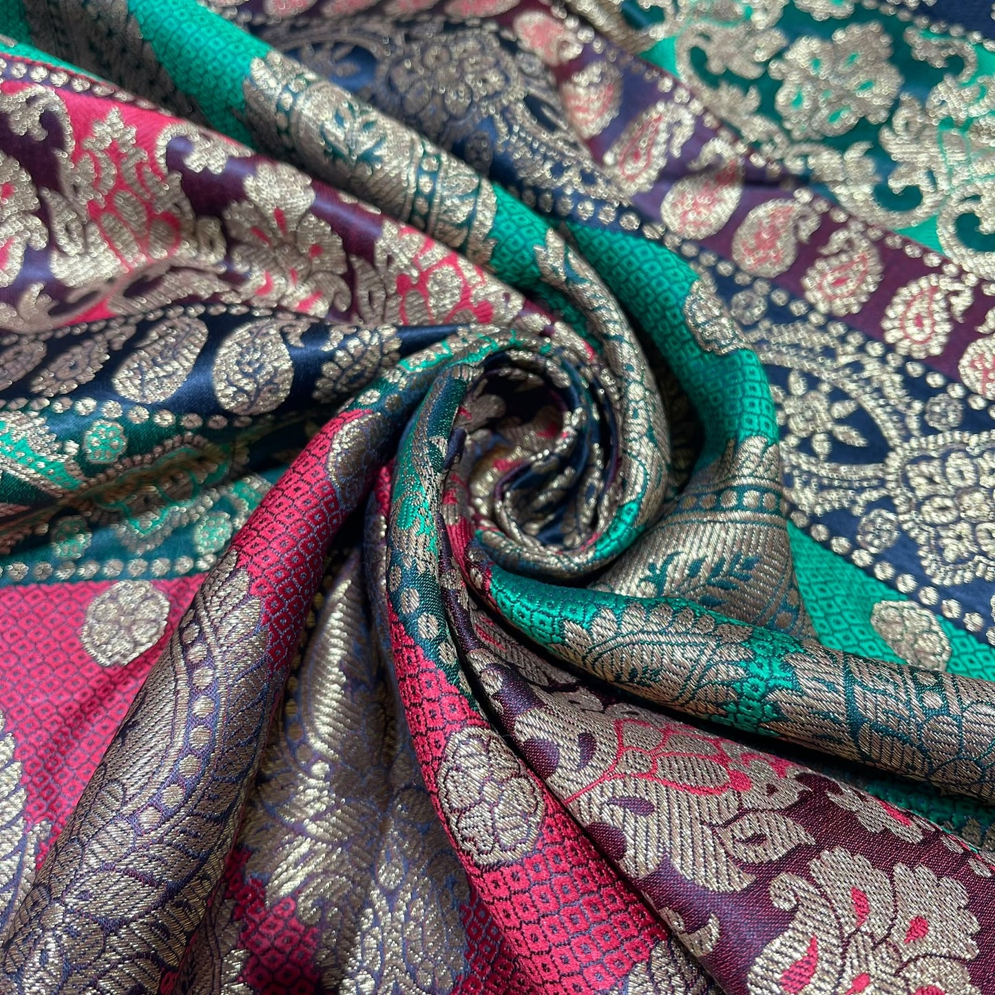 Multicolour - Gold Floral Jacquard Ornamental Banarasi Brocade Bridal, Dressmaking, Costume Fabric 44" Wide By The Meter