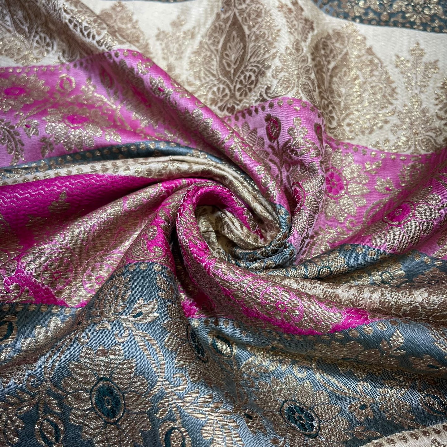 Multicolour - Fuchsia Blue Gold Floral Jacquard Ornamental Banarasi Brocade Bridal, Dressmaking, Costume Fabric 44" Wide By The Meter